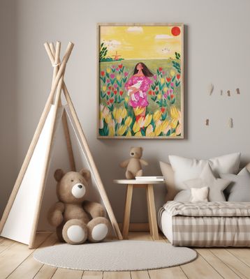 Woman in spring tulip field