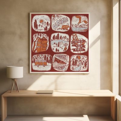 Travel to Alaska - Vintage Travel Stories - Burnt Red BG - Pattern