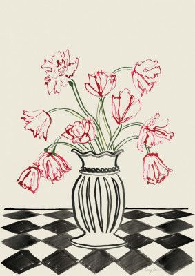 Pink Tulips In a Vase with Checkered Diamonds