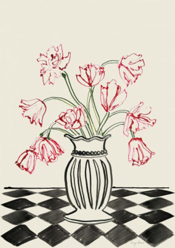 Pink Tulips In a Vase with Checkered Diamonds