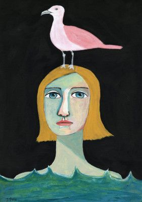 Swimming Girl with Pink Seagull