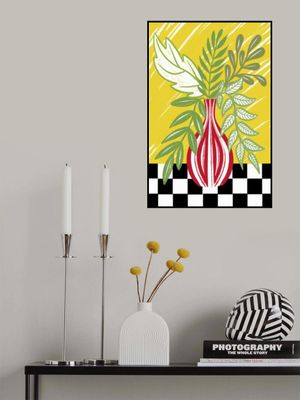 Red Vase With Green Leaves