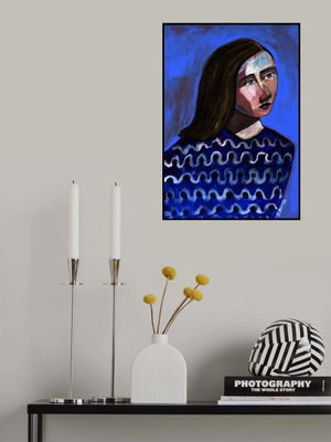 Woman in Blue Sweater Naive Portrait Figurative