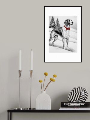 Winter Scenes: Holiday Dog In Snow With Red Bow 2