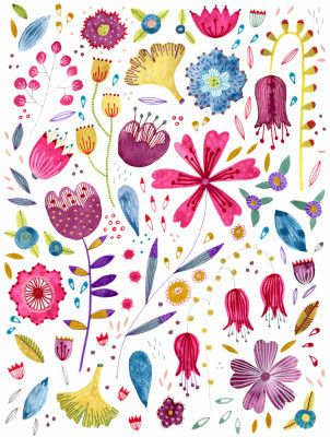 Watercolor Wildflowers Pink Teal Mustard White