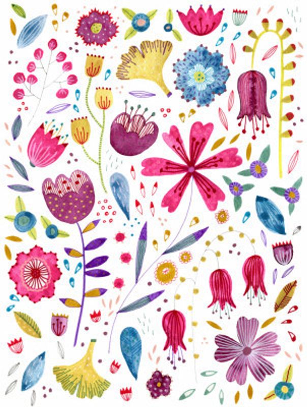 Watercolor Wildflowers Pink Teal Mustard White