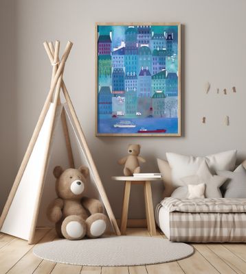 Paris France in Blue Green and Purple