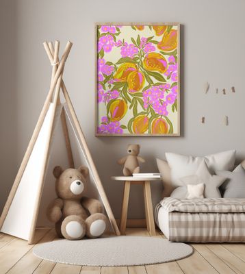 Tropical Theme With Lush Mangoes And Flowers