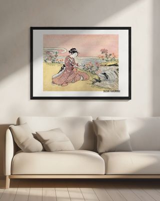 Japanese Woman Picking Chrysanthemum (1725 1770) Vintage Woodblock Print