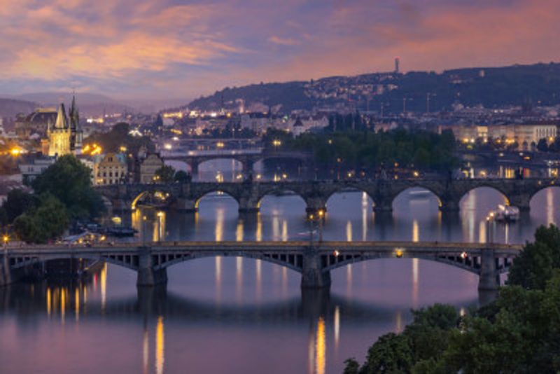 Evening view over the Vltava bridges in Prague