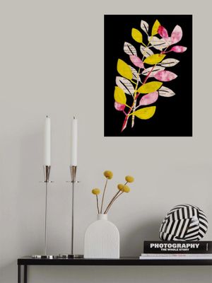 Pink and yellow leaves with black background gouache painting