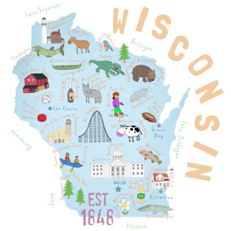 Wisconsin State Illustrated by Map Artist Carla Daly
