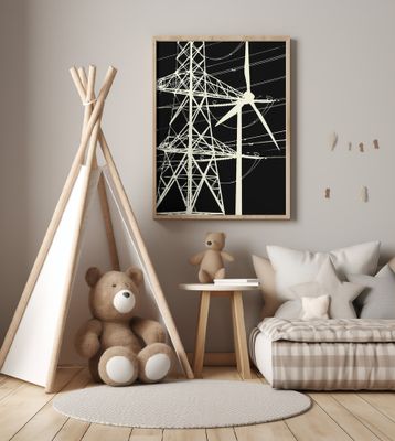 Silhouette of a Wind Turbine and Power Lines