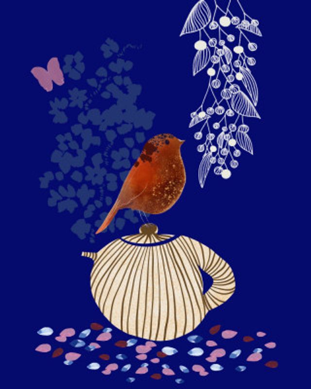 Red Bird Perched on a Striped Teapot