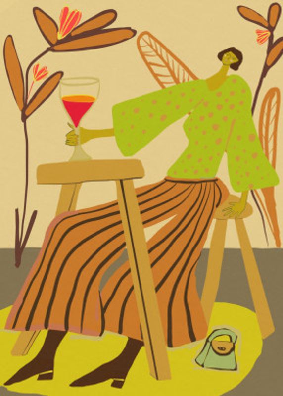 Just one glass.  Lady drinking wine
