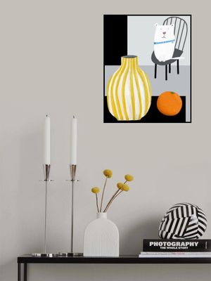 Funny White Dog with Yellow and White Stropped Vase by Carla Daly