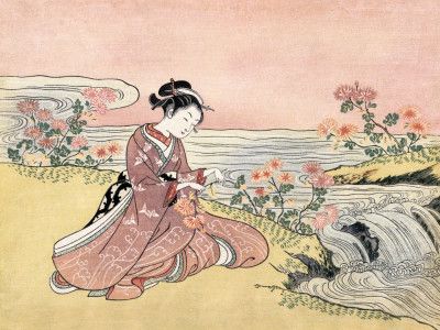 Japanese Woman Picking Chrysanthemum (1725 1770) Vintage Woodblock Print