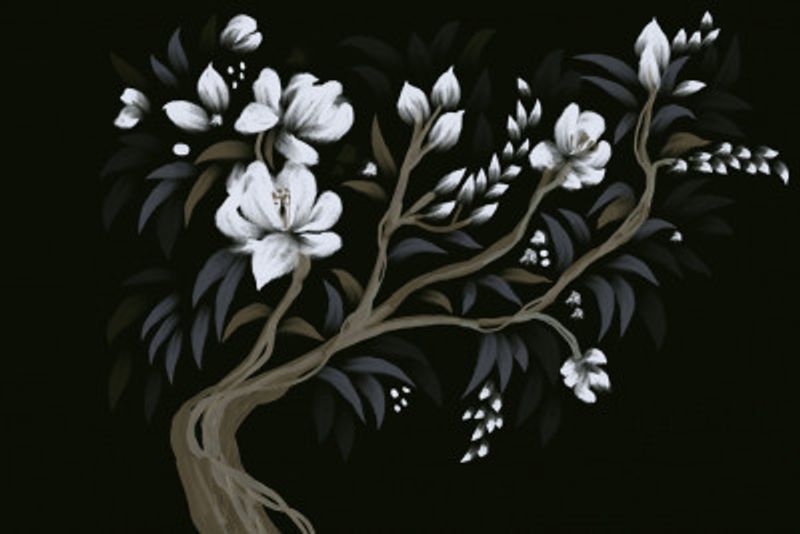 Chinoiserie White Blossom Tree with Elegant Gold Leaves on Blue Background