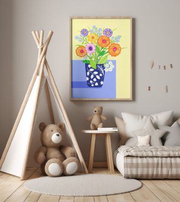 Florals Bouquet in Blue and White Vase