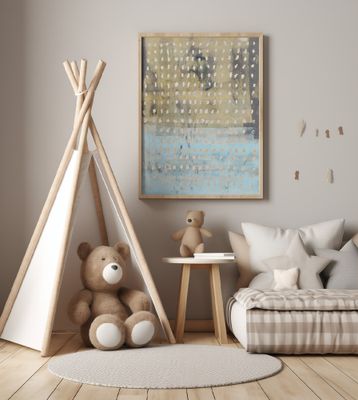 Contemporary Abstract In Yellow, Taupe, Light Blue