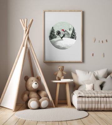 Winter Scenes: Holiday Rooster With Barn On Snow and Christmas Trees 3