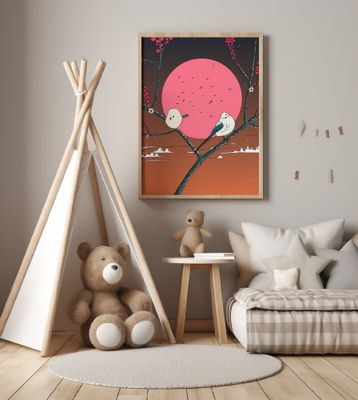 Two Stylized Birds Perched on Branches