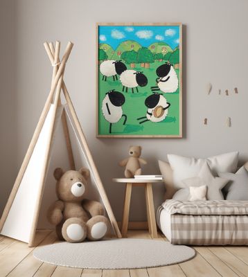 Funny Sheep Dancing in a Green Field by Artist Carla Daly