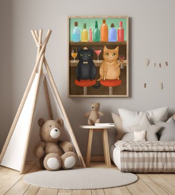 Cats Drinking at Mid Century Bar