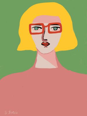 Golden hair lady with red glasses