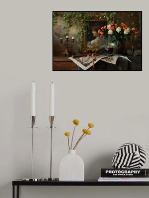 Still life with flowers and picture