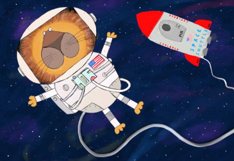 Funny Lion Astronaut is Swirling in Space by Artist Carla Daly