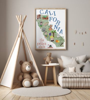 Illustrated Map of California with State Icons by Carla Daly