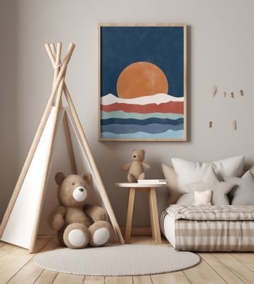 Large Orange Sun Setting Over Stylized Waves