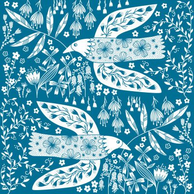 Peace Doves And Flowers White On Teal Green