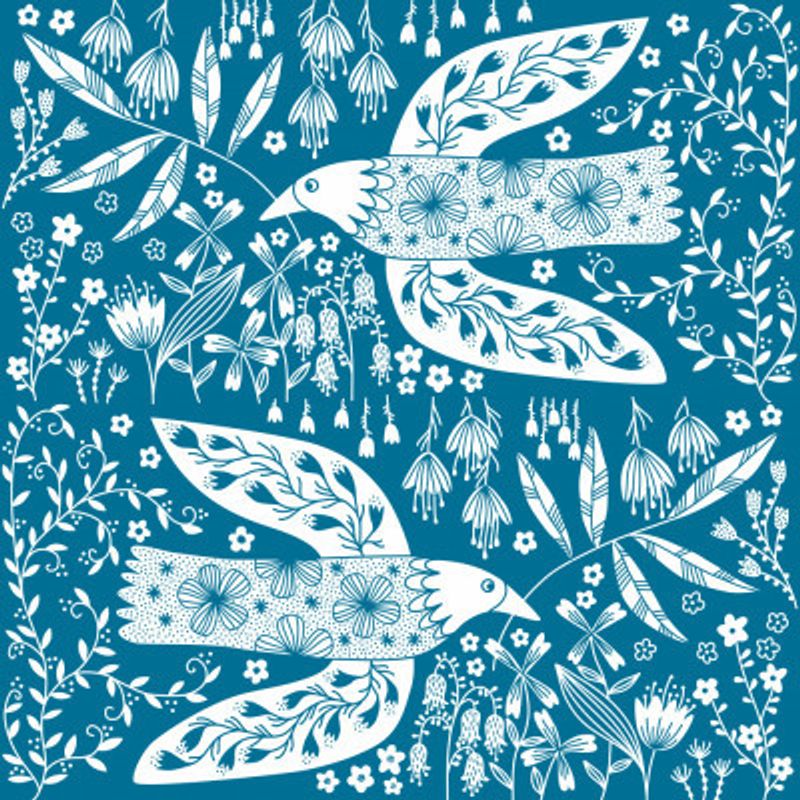 Peace Doves And Flowers White On Teal Green