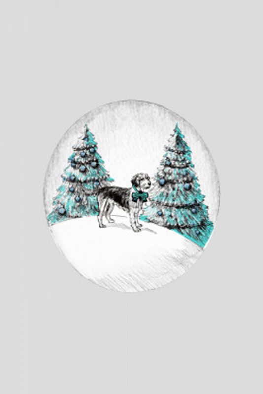 Winter Scenes: Holiday Dog In Snow With Blue Trees and Blue Bow 2