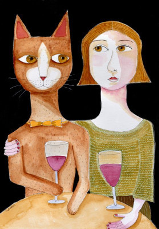 Best Friends Cat and Lady drinking wine