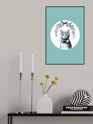 Winter Scenes: Holiday Cat With Blue Bow With Teal Green Background 1 1