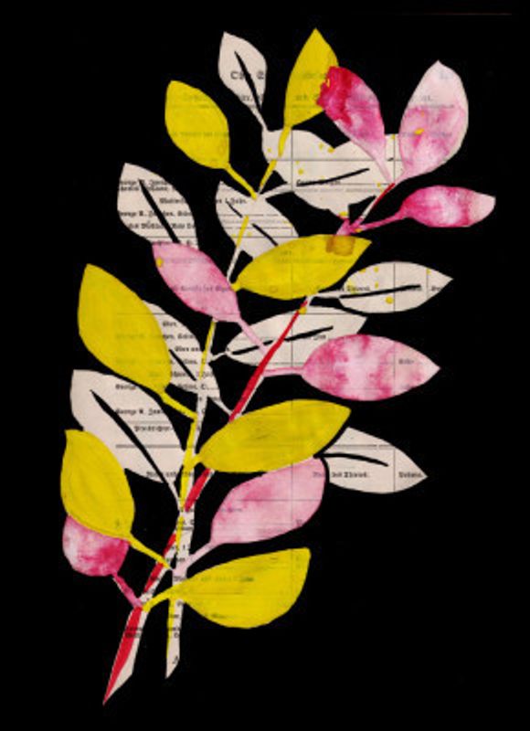 Pink and yellow leaves with black background gouache painting