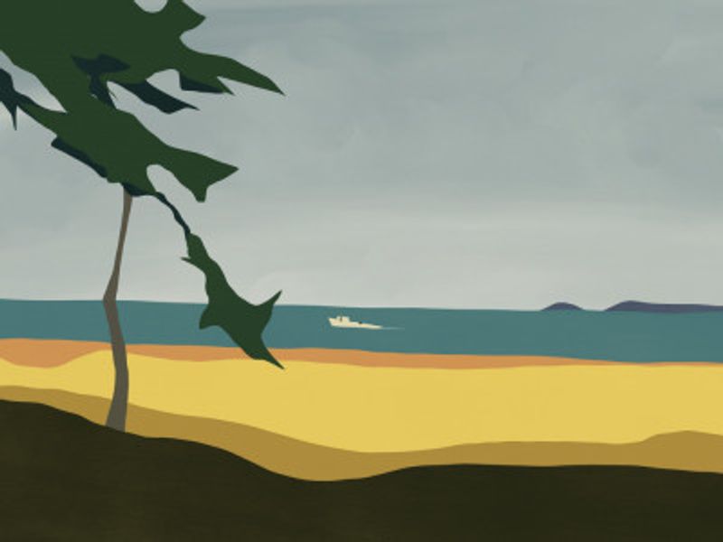 Beach Scene with Distant Boat