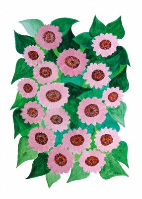 Pink Sunflower with Green Leaves