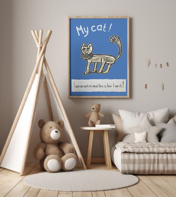 My Cat! Artist’s Point of View. Childlike Cat Drawing – Playful Whimsical Feline Art for Home or Gift Interior