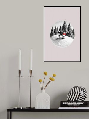 Winter Scenes: Holiday Dog In Snow With Yellow Lit Trees and Red Bow 3