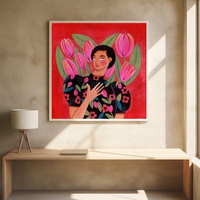 Abstract Modern Portrait Woman with Tulips