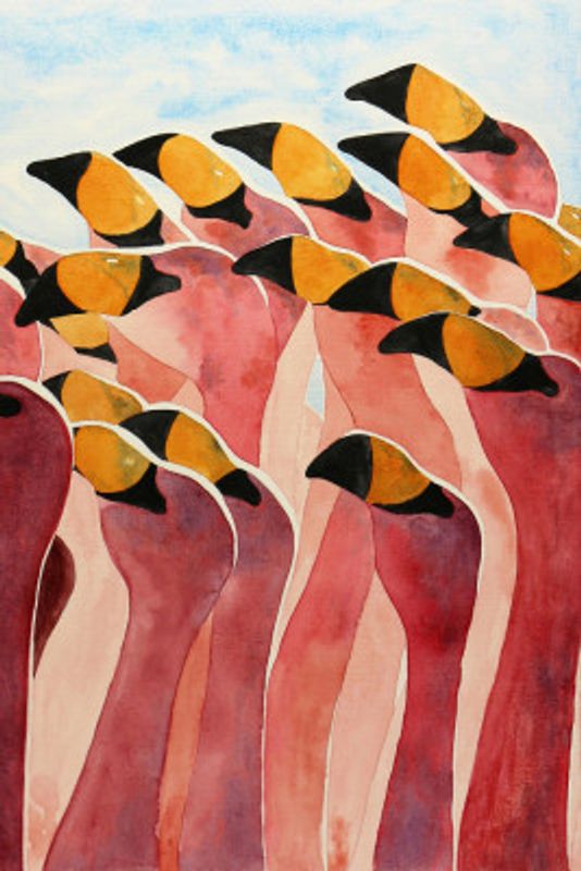 Group of Pink Flamingos With Heads Up