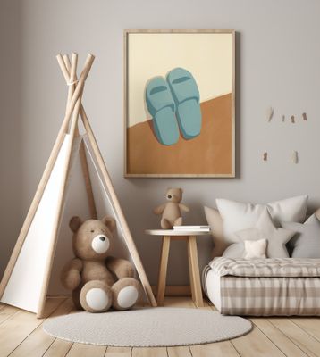 Blue Slippers On A Brown And Beige Background