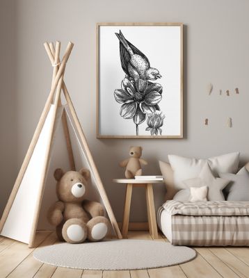 Wildlife Poster - Bird on a flower in vintage style