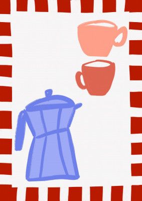 Minimalist Blue Coffee Pot and Two Pink Cups