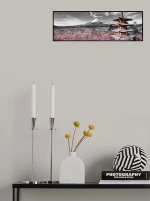 Idyllic panoramic view of Mount Fuji with Pagoda and Cherry Trees - colorkey