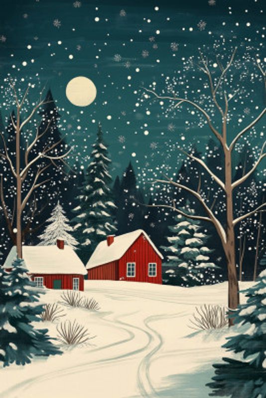 Red Houses and Snowy night sky